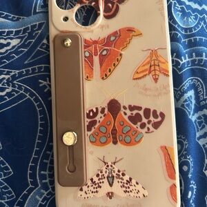 Butterfly Print Cream iPhone 14 Plus Case with Brown Grip
